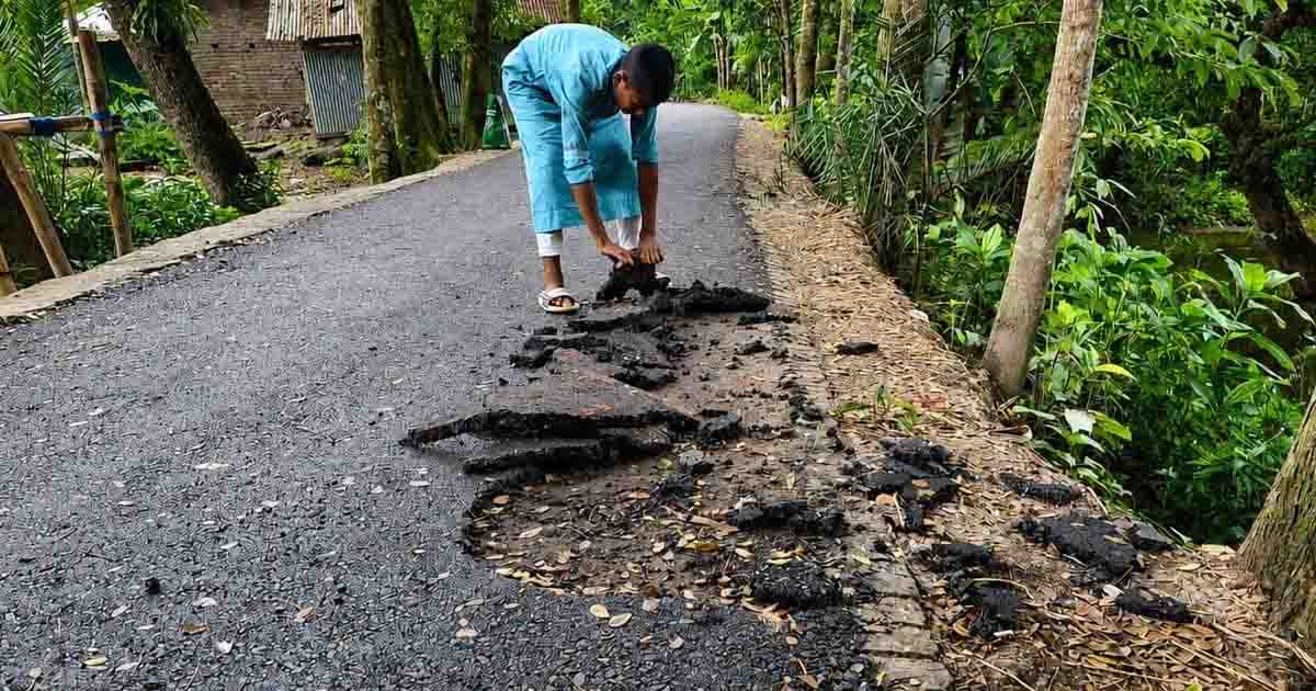 কোটালীপাড়ায় হাত দিলেই উঠছে রাস্তার কার্পেটিং, ভিডিও ভাইরাল!