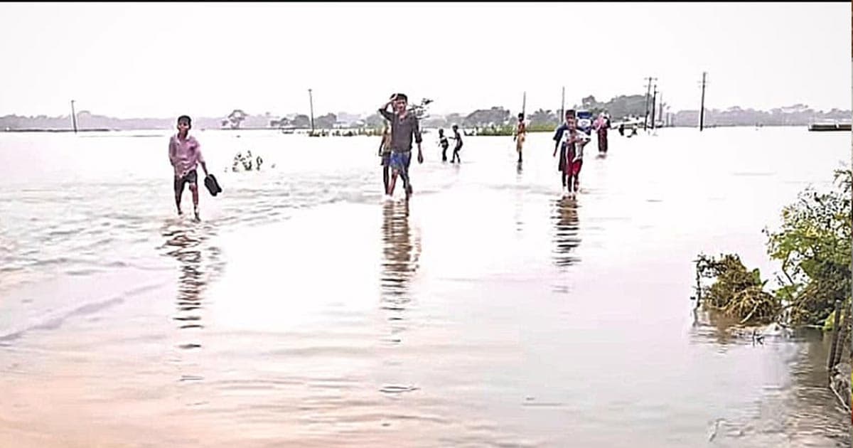 তাহিরপুরে বৃষ্টি কমলেও বাড়ছে হাওরের পানি
