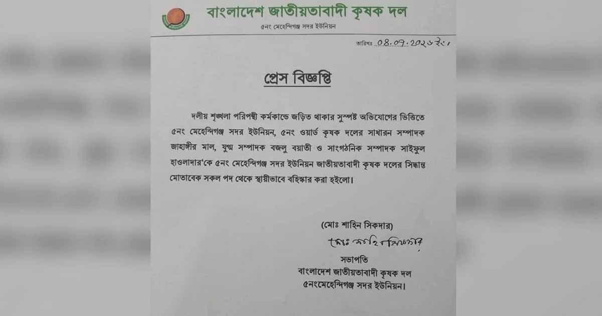 মেহেন্দিগঞ্জে হত্যা মামলায় অভিযুক্ত কৃষক দলের ৩ নেতা বহিষ্কার