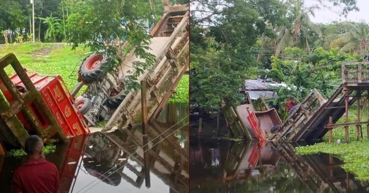 লালমোহনে ব্রিজ ভেঙে বালুবাহী ট্রাক খালে