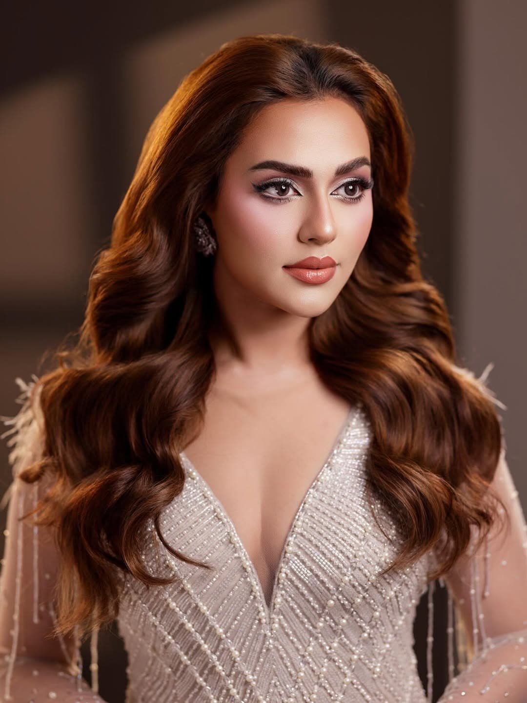 ঠোঁটে ন্যুড-পিচ শেডের গ্লসি লিপস্টিক পুরো লুকটিকে দিয়েছে সুন্দর ব্যালেন্স।